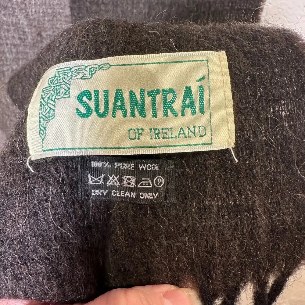 Suantrai of Ireland 100% Wool Woven Fringe Scarf Neutral Brown Gray